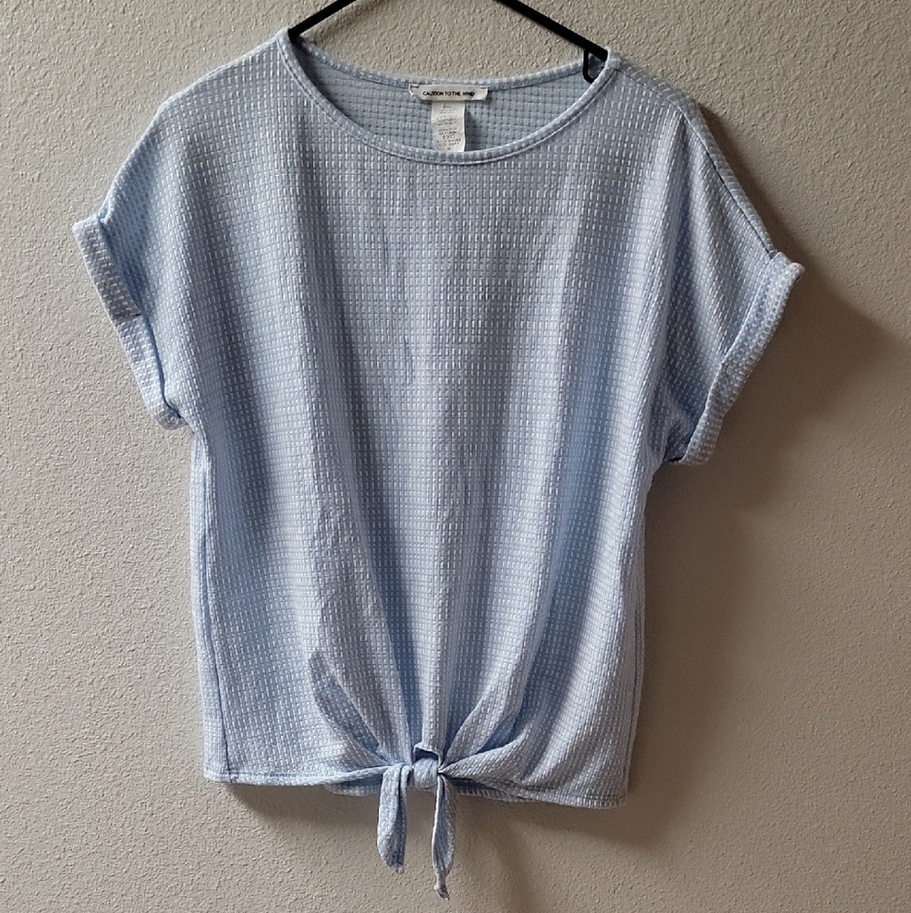 Caution To The Wind Light Blue Waffle Knit Tie-Front Tee
